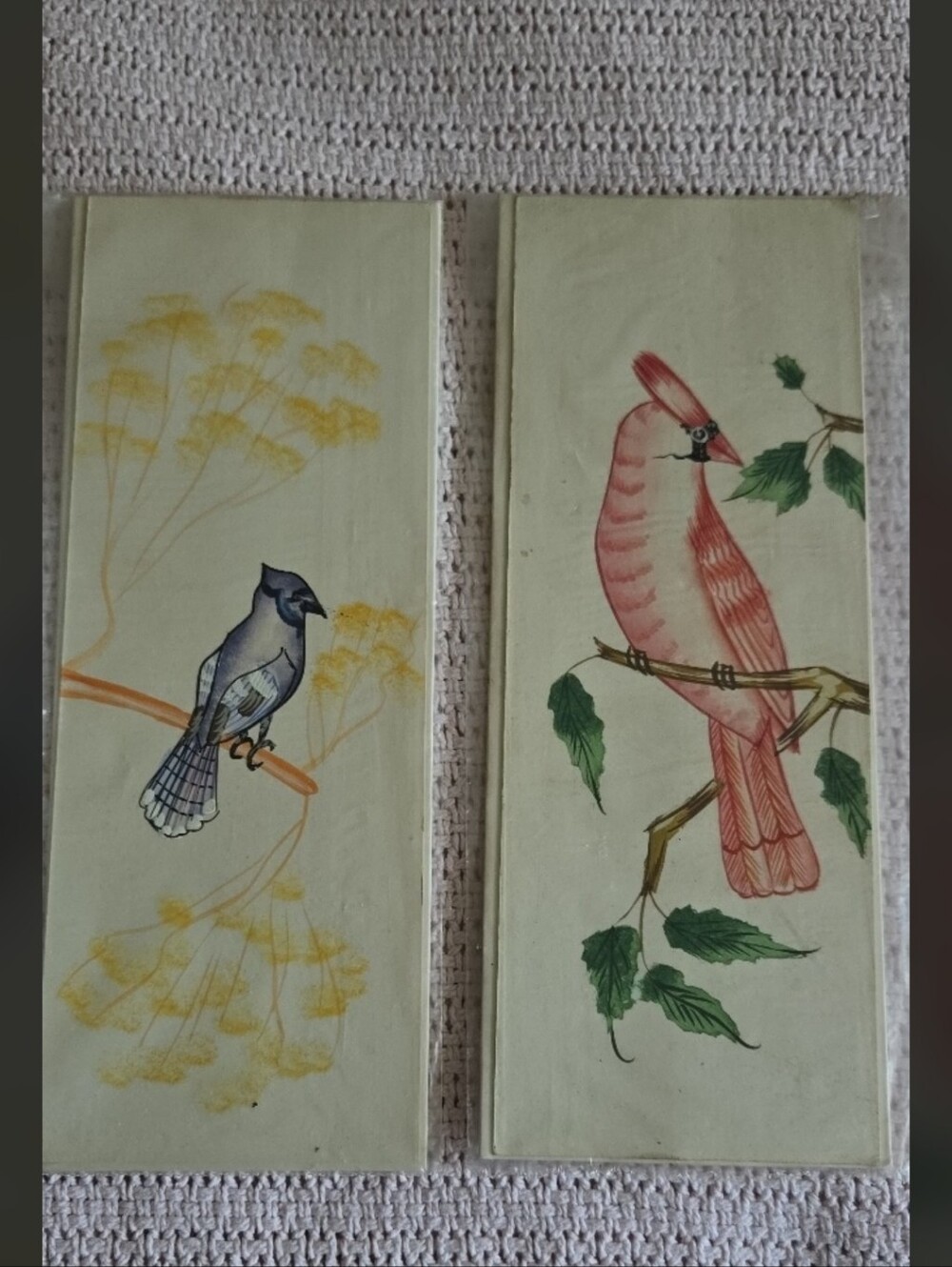 ​Vintage Kumla Kala Kendra India Hand Painted Silk Paintings Pair Bird Art